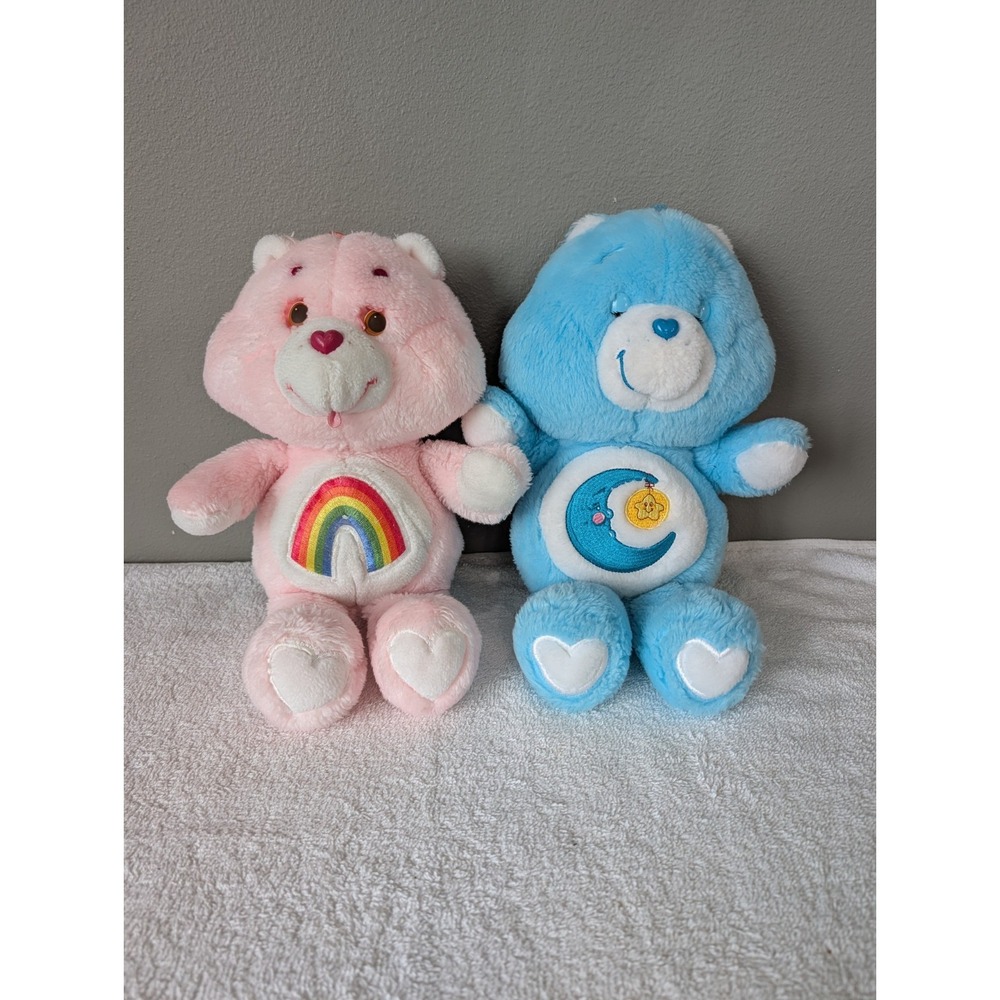 Vintage 2002 Care Bear, Sleepy Bedtime Plush Blue Moon Kenner Cheer Pink Lot 2